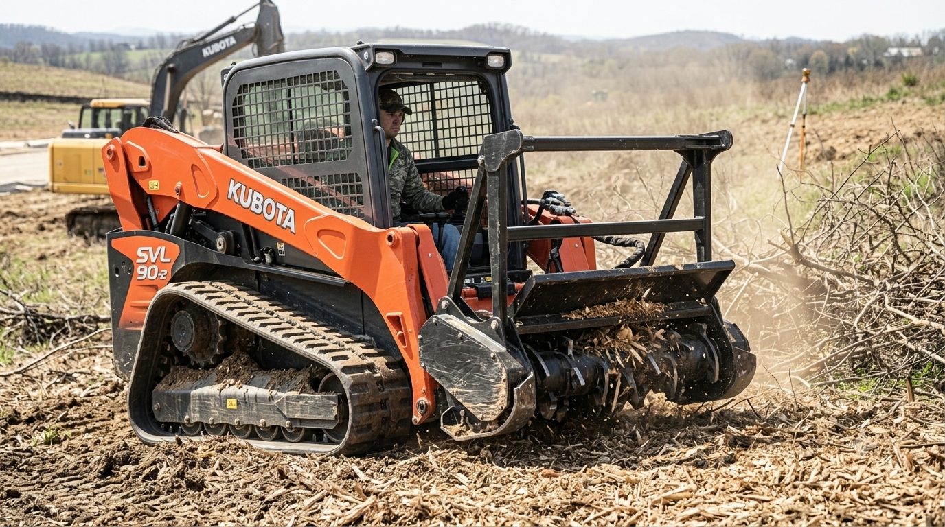 Operator running a mulcher with excavator in background
