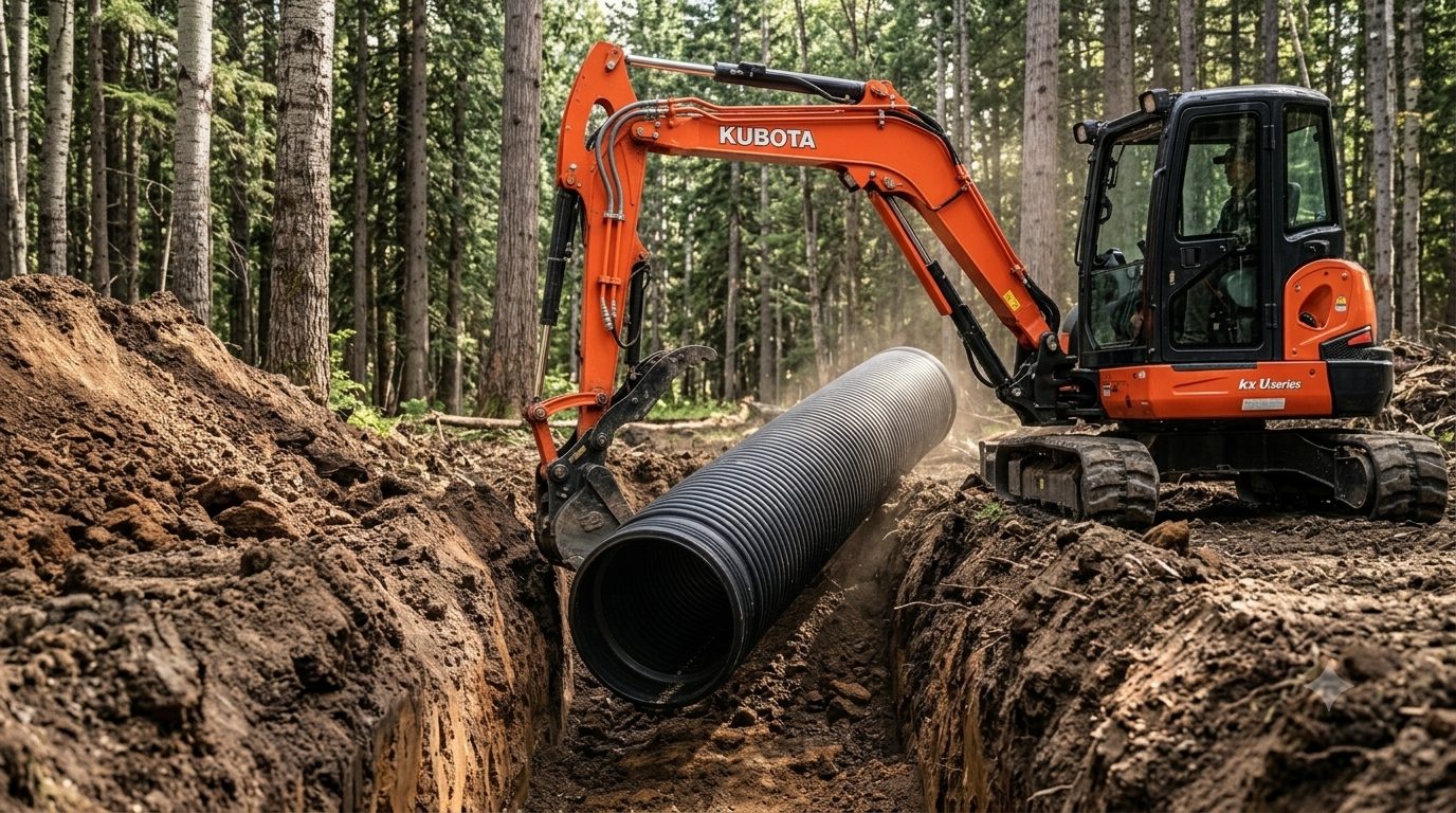 Kubota excavator placing a culvert in a trench