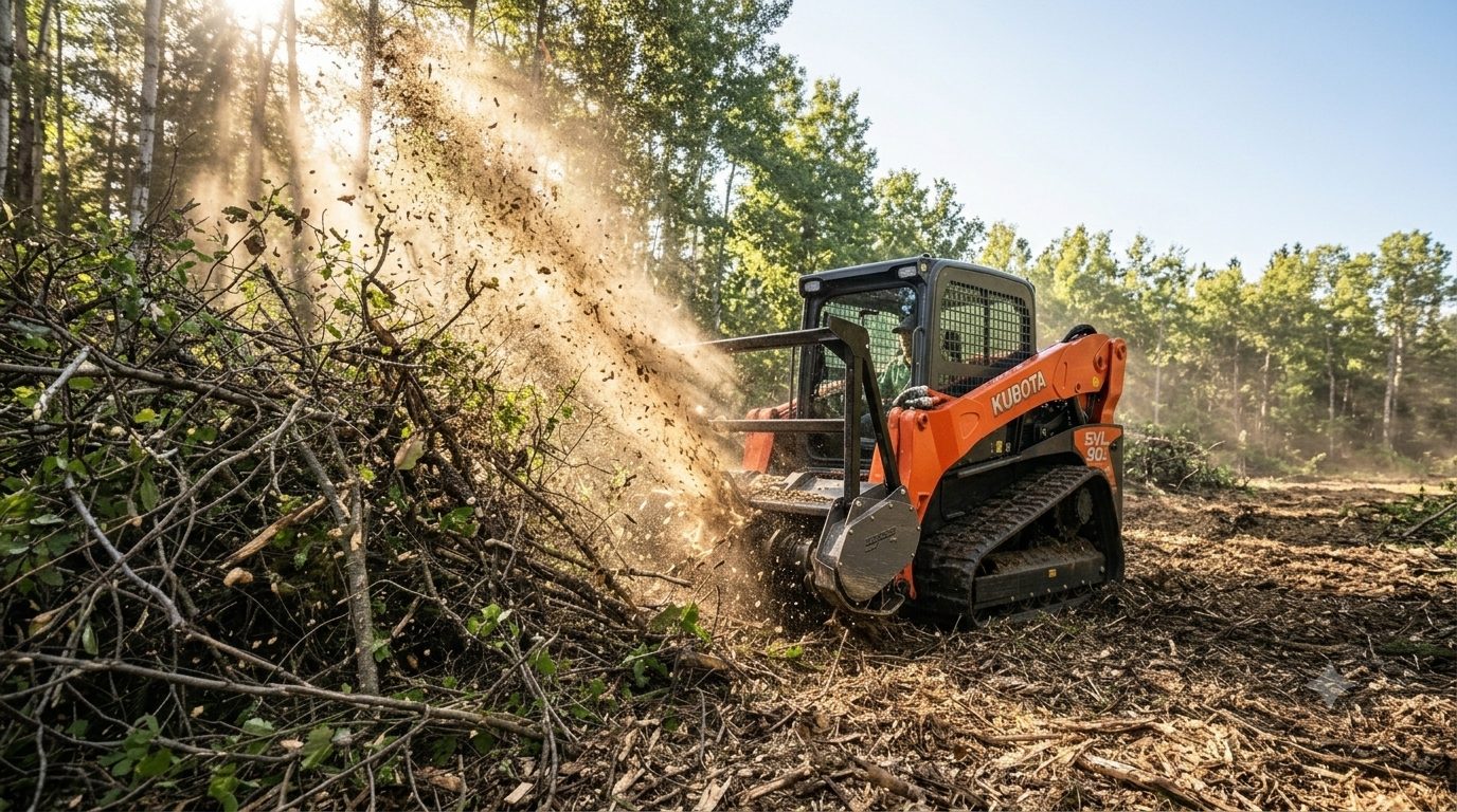 Kubota SVL90-2 forestry mulching through brush