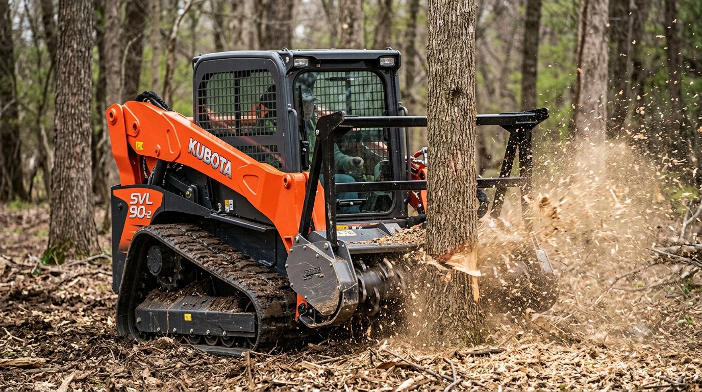 Kubota SVL90-2 skid steer with mulcher attachment working a tree